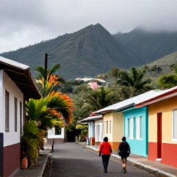 Caribbean Holidays, March Holidays, Travellers walking through a quiet Montserrat village with colourful houses, tropical plants and volcanic hills in the background