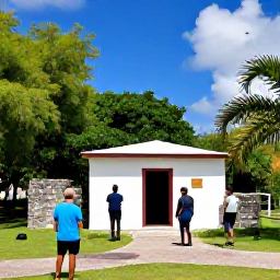 Caribbean Holidays, March Holidays, Visitors exploring historic ruins and a small museum near Road Town, Tortola, with tropical greenery and blue Caribbean sky