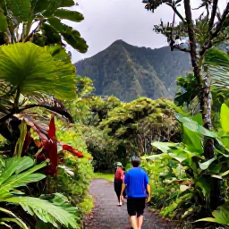 Caribbean Holidays, March Holidays, Visitors hiking through lush Montserrat rainforest towards volcanic scenery, with tropical vegetation and dramatic mountain views
