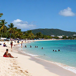Caribbean Holidays, March Holidays, Visitors swimming and relaxing at a golden beach on Saint Kitts, with turquoise water, palm trees and distant green hills