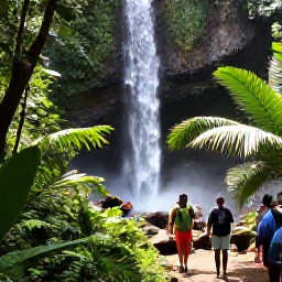 Caribbean Holidays, March Holidays, Visitors walking through the lush rainforest of Trinidad's Northern Range near a waterfall, with tropical plants and warm daylight