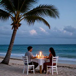 Caribbean Holidays, March Honeymoons, A candlelit dinner for two on a Jamaican beach at dusk, with the sea in the background and palm trees nearby