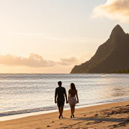 Caribbean Holidays, March Honeymoons, A couple walking hand in hand along a quiet Saint Lucia beach at sunrise, warm golden light, calm Caribbean Sea