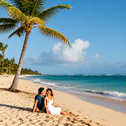 Caribbean Holidays, March Honeymoons, A newlywed couple relaxing on a quiet Jamaican beach in warm March sunshine, turquoise sea and palm trees