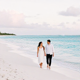 Caribbean Holidays, March Honeymoons, A newlywed couple walking barefoot along Grace Bay Beach in soft morning light, turquoise water and white sand, Turks and Caicos