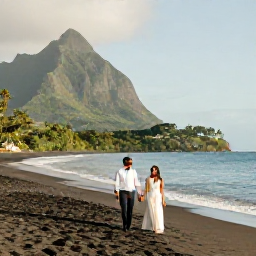 Caribbean Holidays, March Honeymoons, A newlywed couple walking hand in hand along a quiet black-sand beach in Montserrat in warm March sunshine, Caribbean scenery