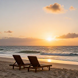 Caribbean Holidays, March Honeymoons, A romantic Jamaican resort beach at sunset with two loungers, gentle waves and warm golden light