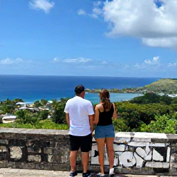Caribbean Holidays, March Honeymoons, Couple exploring historic Brimstone Hill Fortress on Saint Kitts with panoramic sea views, tropical landscape and blue sky