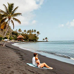 Caribbean Holidays, March Honeymoons, Couple relaxing on a secluded black-sand beach in Montserrat, with calm turquoise water and palm trees