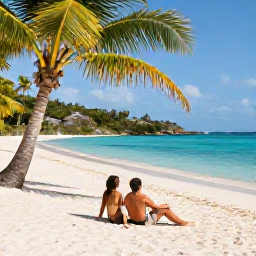 Caribbean Holidays, March Honeymoons, Couple relaxing together on a quiet white-sand beach in the British Virgin Islands, turquoise sea and palm trees, warm March sunshine
