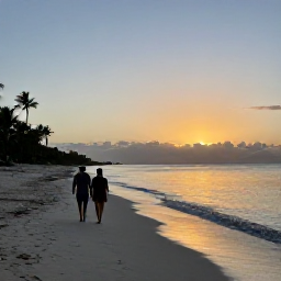 Caribbean Holidays, March Honeymoons, Couple walking along a quiet white-sand Caribbean beach at sunset in March