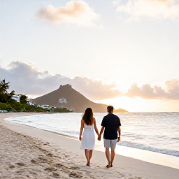 Caribbean Holidays, March Honeymoons, Couple walking hand in hand along a quiet Caribbean beach in Saint Martin at sunrise