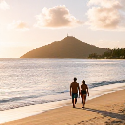 Caribbean Holidays, March Honeymoons, Couple walking hand in hand along a quiet golden beach on Saint Kitts at sunrise, calm Caribbean sea and green hills in the distance