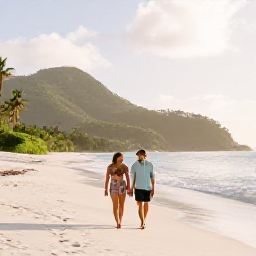 Caribbean Holidays, March Honeymoons, Couple walking hand in hand along a quiet white sand beach in Saint Vincent and the Grenadines during golden morning light