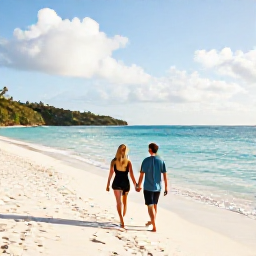 Caribbean Holidays, March Honeymoons, Couple walking hand in hand along a quiet white-sand beach in St Thomas, United States Virgin Islands, warm March sunshine and calm turquoise sea