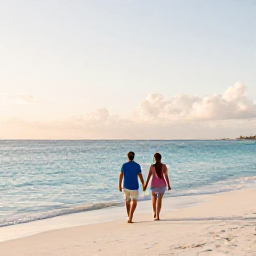 Caribbean Holidays, March Honeymoons, Couple walking hand in hand along a quiet white-sand beach in The Bahamas at sunrise, calm turquoise sea and soft morning light
