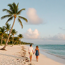 Caribbean Holidays, March Honeymoons, Couple walking hand in hand along a quiet white-sand beach in the Dominican Republic at sunrise, palm trees and calm turquoise sea