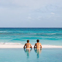 Caribbean Holidays, March Honeymoons, Elegant beachfront resort in Punta Cana with a newlywed couple relaxing beside an infinity pool overlooking the Caribbean Sea