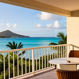 Caribbean Holidays, March Honeymoons, Elegant honeymoon suite balcony overlooking the Caribbean Sea in St Thomas, United States Virgin Islands, tropical plants and morning March light