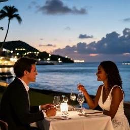 Caribbean Holidays, March Honeymoons, Elegant waterfront restaurant in Gustavia, Saint Barth&eacute;lemy, at sunset with a honeymoon couple dining outdoors and harbour lights in the background