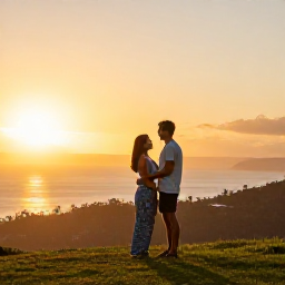 Caribbean Holidays, March Honeymoons, Happy honeymoon couple enjoying a peaceful sunset from a Montserrat hillside, ocean horizon and warm golden light