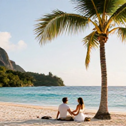 Caribbean Holidays, March Honeymoons, Happy newlywed couple relaxing on a secluded Saint Lucia beach beneath palm trees, turquoise water and soft afternoon sunlight