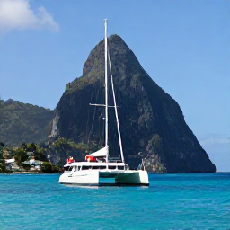 Caribbean Holidays, March Honeymoons, Honeymoon couple sailing on a catamaran past the Pitons in Saint Lucia on a sunny March day