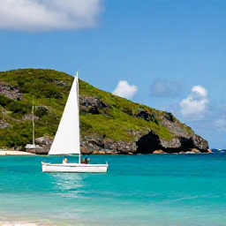 Caribbean Holidays, March Honeymoons, Honeymoon couple sailing on a small yacht beside the green and rocky coastline of Saint Barth&eacute;lemy on a bright March day