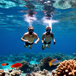 Caribbean Holidays, March Honeymoons, Honeymoon couple snorkelling over a clear coral reef in The Bahamas with colourful fish and sunlight shining through the water