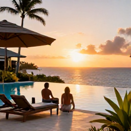 Caribbean Holidays, March Honeymoons, Luxury boutique hotel terrace in Saint Barth&eacute;lemy with an infinity pool, tropical plants and a couple enjoying a sunset honeymoon view