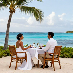 Caribbean Holidays, March Honeymoons, Newly married couple enjoying a private Caribbean resort dinner overlooking the ocean