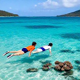 Caribbean Holidays, March Honeymoons, Newly married couple snorkelling together in clear turquoise water near a coral reef in the United States Virgin Islands, sunny March day