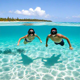 Caribbean Holidays, March Honeymoons, Newlywed couple snorkelling in clear Caribbean water near Saona Island, with colourful fish and a tropical shoreline in the background