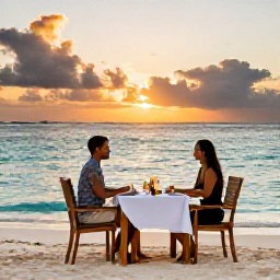 Caribbean Holidays, March Honeymoons, Romantic beachfront dinner for two at sunset on Grace Bay, elegant table setting, calm turquoise sea, Turks and Caicos