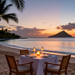Caribbean Holidays, March Honeymoons, Romantic beachfront dinner for two at sunset on St John, United States Virgin Islands, elegant table, soft lantern light and tropical shoreline
