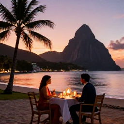 Caribbean Holidays, March Honeymoons, Romantic beachfront dinner for two in Saint Lucia at sunset, softly lit table, palm trees and calm sea