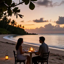 Caribbean Holidays, March Honeymoons, Romantic beachfront dinner for two on Nevis at sunset, lanterns, tropical foliage and calm Caribbean water