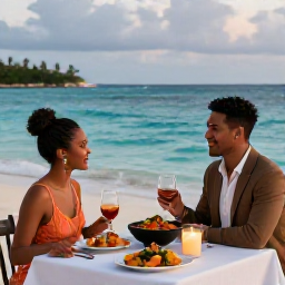 Caribbean Holidays, March Honeymoons, Romantic beachfront dinner for two with Caribbean dishes, candles and the sea in the background