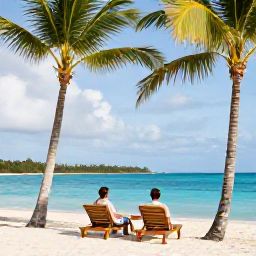 Caribbean Holidays, March Honeymoons, Romantic beachfront resort in The Bahamas with palm trees, turquoise water, sun loungers and a couple enjoying a quiet morning