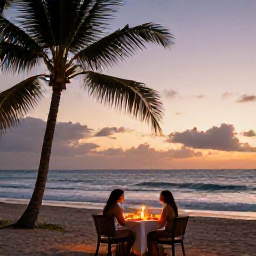 Caribbean Holidays, March Honeymoons, Romantic candlelit dinner for two on a Dominican Republic beach at sunset, with palm trees, gentle waves and warm evening light