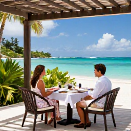 Caribbean Holidays, March Honeymoons, Romantic couple relaxing on a shaded beachfront terrace in Saint Kitts, tropical garden, turquoise water and elegant dining table