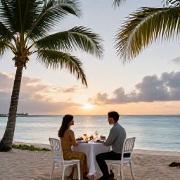 Caribbean Holidays, March Honeymoons, Romantic dinner for two on a Bahamian beach at sunset, elegant table setting, palms and calm ocean in the background