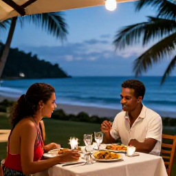 Caribbean Holidays, March Honeymoons, Romantic outdoor dinner for two at a small Montserrat restaurant, tropical evening, local Caribbean dishes and soft lights