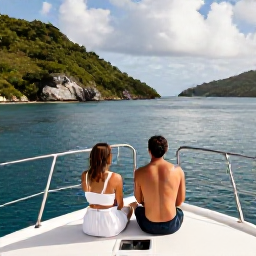 Caribbean Holidays, March Honeymoons, Romantic sailing boat cruising between green British Virgin Islands, calm blue water, dramatic coastlines and a couple enjoying the view