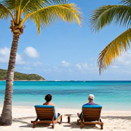 Caribbean Holidays, March Honeymoons, Romantic secluded beach in Saint Barth&eacute;lemy with two sun loungers, turquoise water, palm trees and a couple enjoying a peaceful afternoon