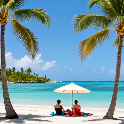 Caribbean Holidays, March Honeymoons, Romantic tropical beach with calm turquoise water, palm trees and a couple relaxing beneath a beach umbrella in March sunshine