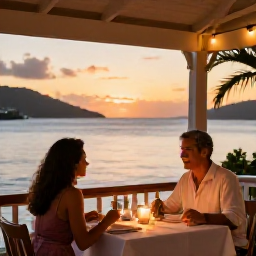 Caribbean Holidays, March Honeymoons, Romantic waterfront restaurant in Marigot with a couple enjoying a candlelit dinner at sunset