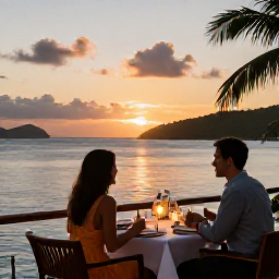 Caribbean Holidays, March Honeymoons, Romantic waterfront restaurant in the British Virgin Islands at sunset, couple dining at a candlelit table with island views