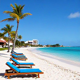 Caribbean Holidays, March Honeymoons, Romantic white sand beach with turquoise water, sun loungers and palm trees on Saint Martin