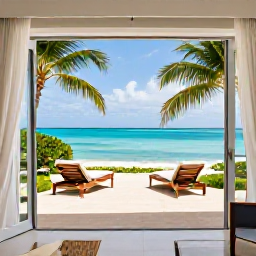 Caribbean Holidays, March Honeymoons, Stylish honeymoon suite with open doors to a private terrace overlooking a tropical beach in Turks and Caicos